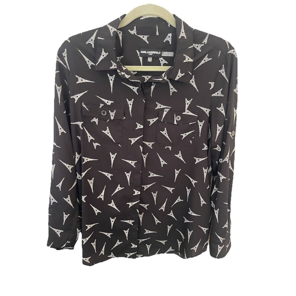 Karl Lagerfeld Paris Eiffel Tower Women's Long Sleeve Blouse Black/White Size M